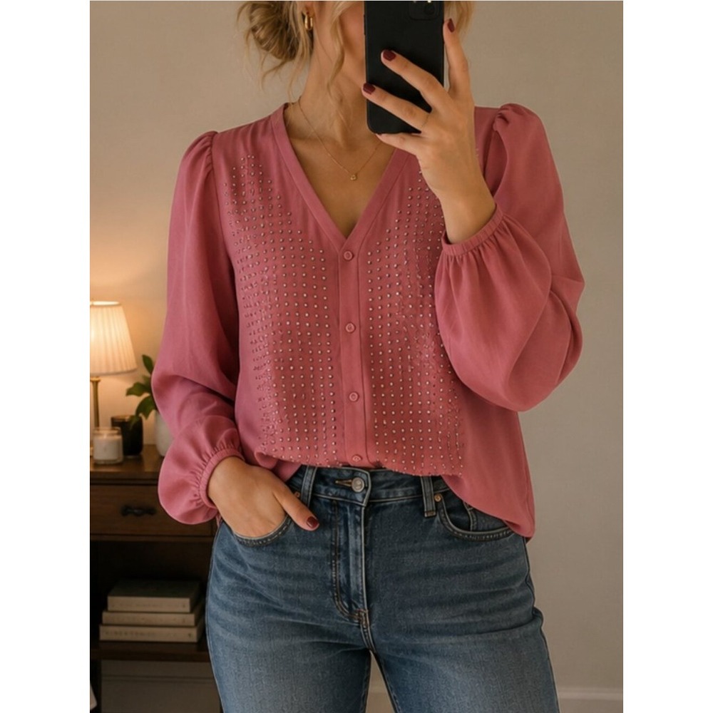 Dennis Basso Georgette Blouse‎ XS Pink Rhinestone Embellished Balloon Sleeve